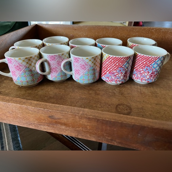 Set of 10 Patchwork Quilt Mugs Cups.  1970s.  Stackable. - Picture 2 of 8